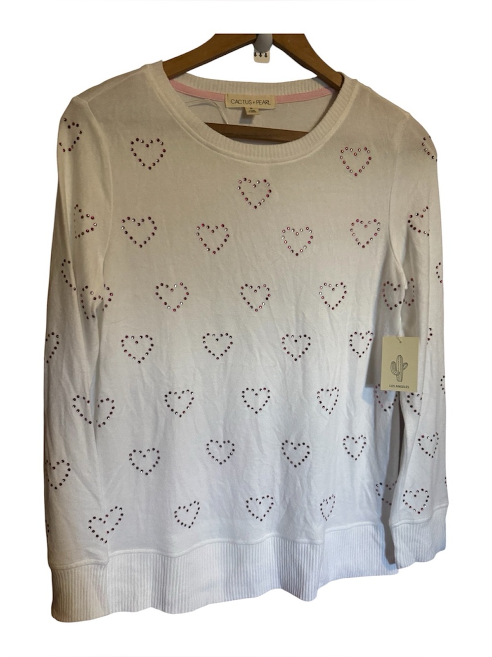 Cactus + Pearl White Heart Studded lightweight Crewneck bling Sweater small